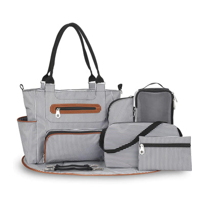 KOCASO Multifunctional Baby Diaper Bag Set - 8Pcs Baby Nappy Diaper Bags for Mom and DadDiaper Tote with Bottle Bag Mesh Bag Purse Diaper Pad 2 Burp Cloths 2 Hook Straps(BlackStripe)