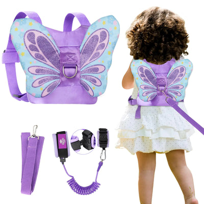 Lehoo Castle Toddlers Leash for Walking + Key Lock Design Anti Lost Wrist Link 3 in 1 Baby Leash Kids Wrist Link for Toddlers Safety Harness Belt Strap Wristband (Purple Butterfly Girls Leash)